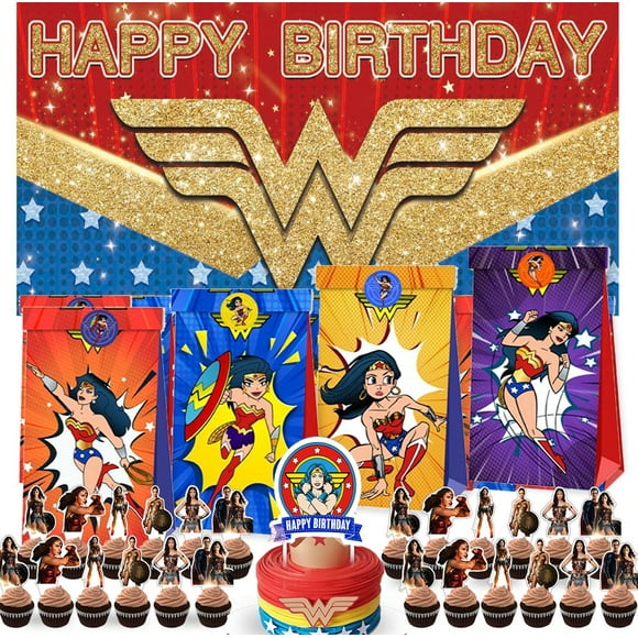 Wonder WomanParty Favor Bags Goodie Treat Candy Supplies Decorations Birthday Cake Topper Backdrop Banner
