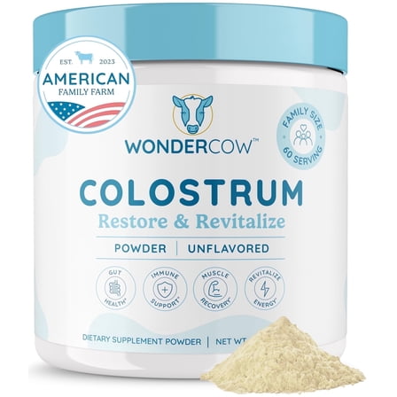 WonderCow Colostrum Supplement Powder for Gut Health, Immune Support, Muscle Recovery & Wellness | Natural IgG Pure Whole Bovine Colostrum Superfood, Unflavored, 60 Servings