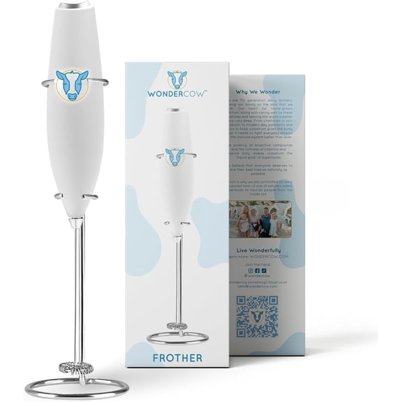 WonderCow Milk Frother Hand Mixer, Stainless Steel Electric Matcha Whisk, Handheld Mixer for Coffee, Greens, Protein & More, Battery Operated, Easy to Clean & Includes Whisk Stand (White)