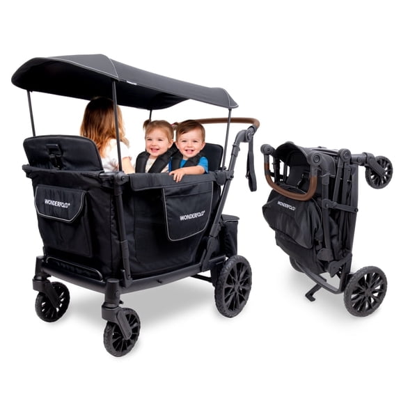 WonderFold L4 Collapsible Stroller Wagon with Aluminum Frame - Adjustable Canopy & Push Handle - All-Terrain Wheels - Built-in Storage - for Babies, Toddlers & Kids - 4 Seater - Gray