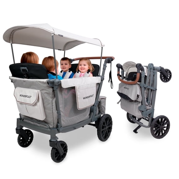 WonderFold L4 Collapsible Stroller Wagon with Aluminum Frame - Adjustable Canopy & Push Handle - All-Terrain Wheels - Built-in Storage - for Babies, Toddlers & Kids - 4 Seater - Black