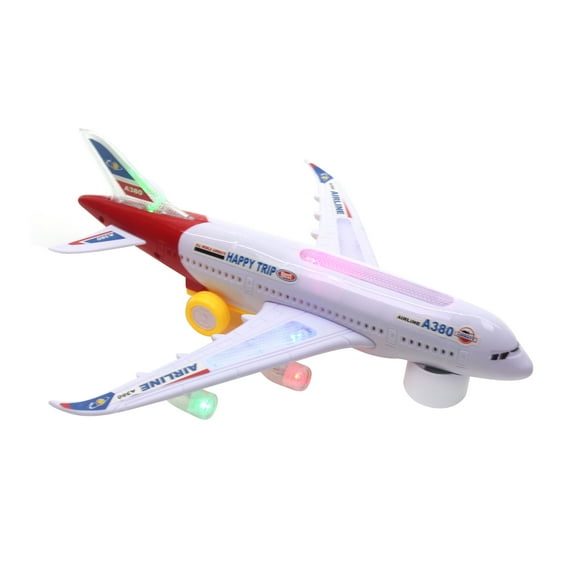 WonderPlay All Aboard! Bump and Go Electric Air Bus A380 Kids Action Airplane - Model Plane with LED Lights and Sounds - Changes Direction On Contact - Red