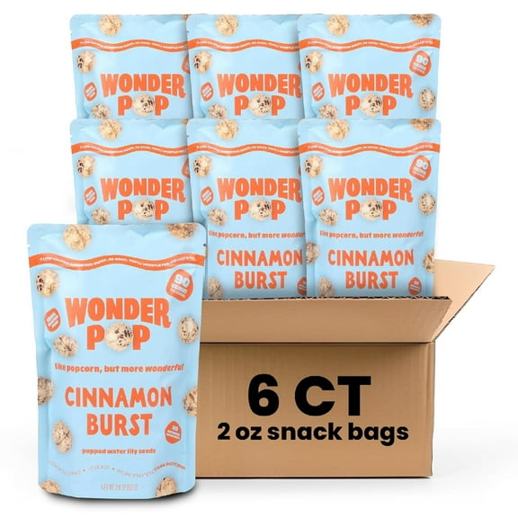 WonderPop Cinnamon Burst Popped Water Lily Seeds, Low-Calorie Gluten-Free Superfood Snack, Nut-Free, 2.11 oz, 6-Pack