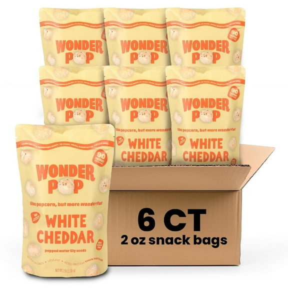 WonderPop White Cheddar Popped Water Lily Seeds, Low-Calorie Gluten-Free Superfood Snack, Nut-Free, 2.11 oz, 6-Pack