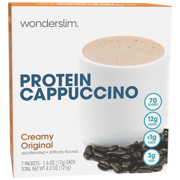 Wonderslim Protein Cappuccino Mix, Creamy Protein Coffee Powder, 12g Protein, Low Sugar (7ct)