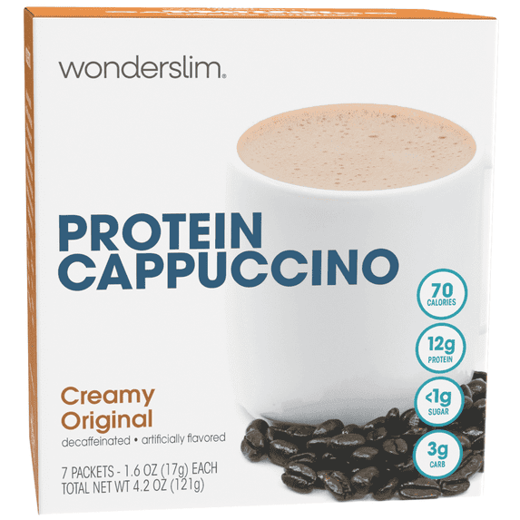 Wonderslim Protein Cappuccino Mix, Creamy Protein Coffee Powder, 12g Protein, Low Sugar (7ct)
