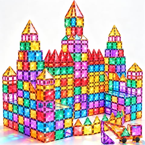 WonderStone 100 PCS Magnetic Tiles with 2 Cars, Magnetic Building Blocks for Kids, Educational Construction Toys for Boys & Girls Ages 3-9