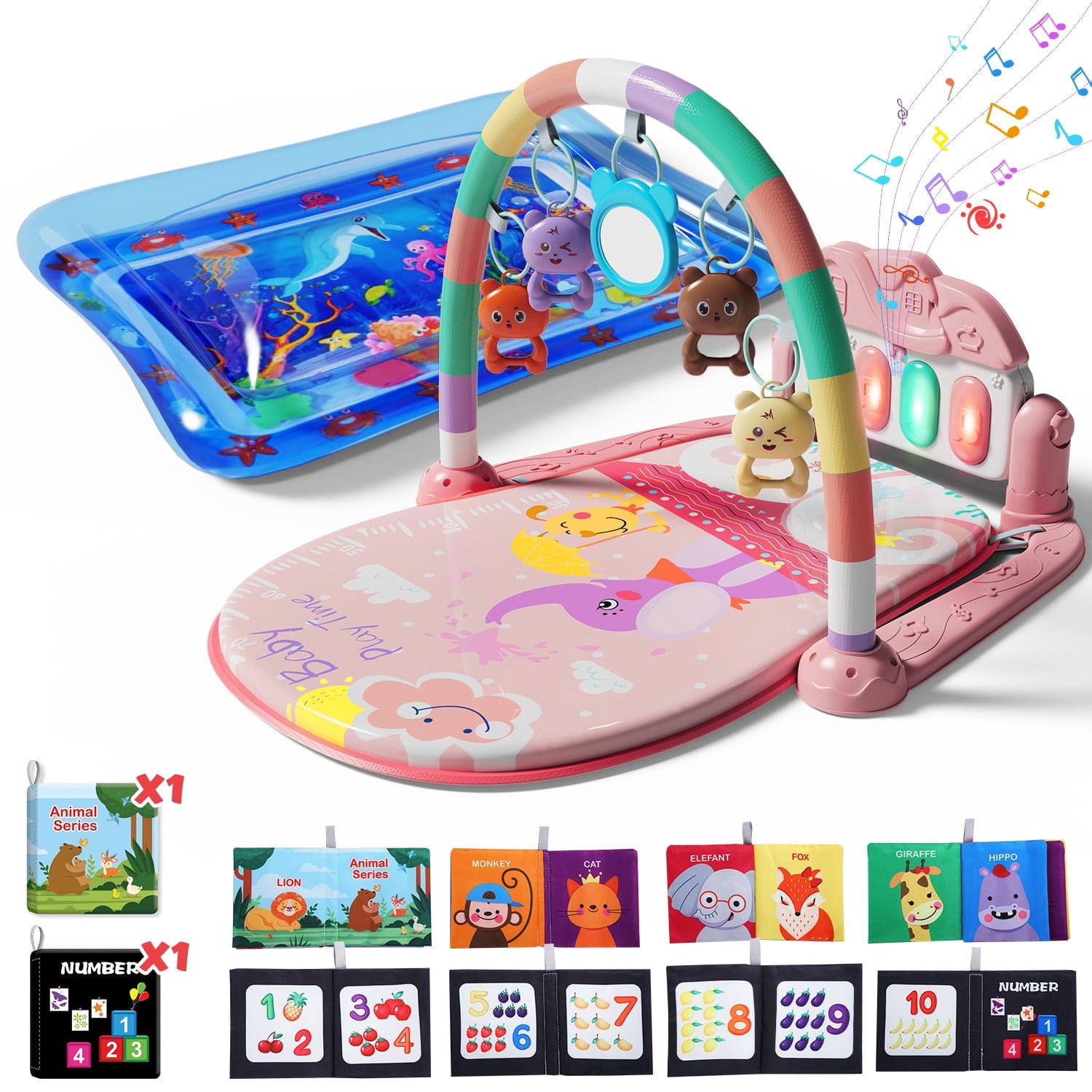 WonderStone 2-in-1 Baby Gym Playmat, Tummy Time Water Mat with 2 Cloth Books and 5 Infant Sensory Baby Toys & Play Piano, Newborn Baby Gift for Boys & Girls 0–24 Months (Pink)