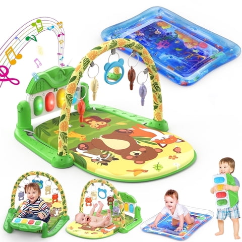 WonderStone 2 in 1 Baby Gym Playmat, Tummy Time Water Mat with 5 Infant Sensory Toys & Play Piano, Boys and Girls Newborn Gift 0-12 Month (Green)