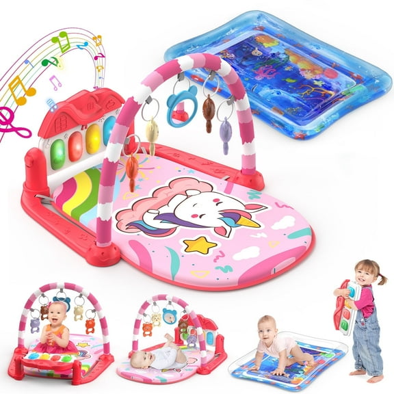 WonderStone 2 in 1 Baby Gym Playmat with Tummy Time Water Mat, with 5 Infant Sensory Baby Toys and Funny Play Piano, Boys and Girls Newborn Baby Gift 0-12 Month (Red)
