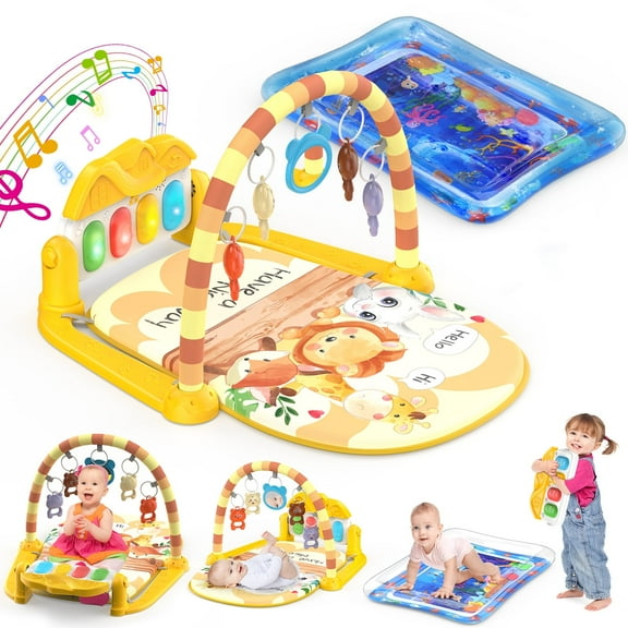 WonderStone 2 in 1 Baby Gym Playmat, Tummy Time Water Mat with 5 Infant Sensory Baby Toys & Play Piano, Boys and Girls Newborn Baby Gift 0-12 Month (Yellow)
