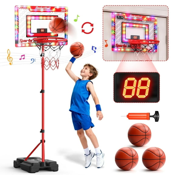 WonderStone 2-in-1 Basketball Hoop with Light & Electronic Scoreboard, Adjustable Height 5.18–6.17 ft Portable Basketball Goal for Kids, Indoor and Outdoor Sports for Boys and Girls Ages 8–12