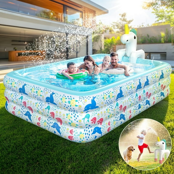 WonderStone 2 in 1 Inflatable Pool with Sprinkler, 118''x 71''x 24'' Oversizd Thickened Family Swimming Pool, Blow up Pool for Adult Kids Children Summer Outdoor Garden Backyard