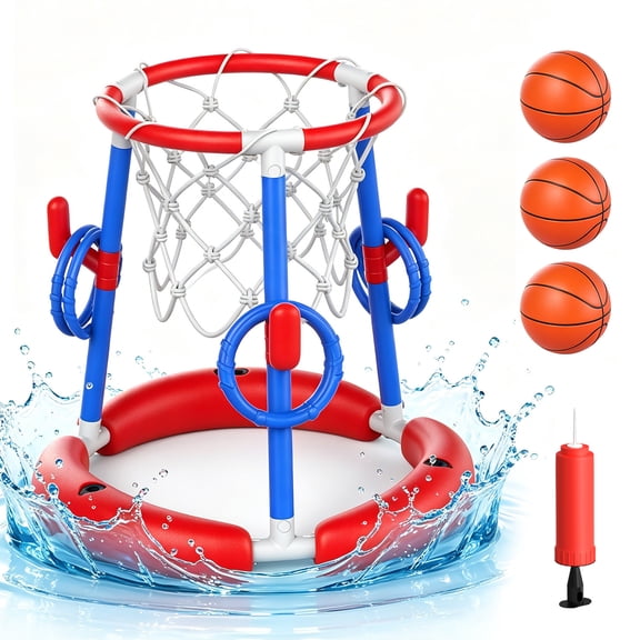 WonderStone 2 in 1 Pool Basketball Hoop Toys & Ring Games, Floating Swimming Pool Basketball Games with 3 Balls & 6 Rings, Inflatable Summer Pool Toys for Kids Ages 4-12