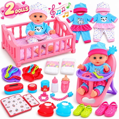 WonderStone 2 Baby Doll Set , 12.5 Inch Baby Doll with & Bath Tub & Full Care Accessories,Pretend Play Toy for Toddlers