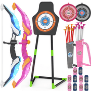 WonderStone 2-Pack Bow and Arrow for Kids, LED Light-Up Archery Set with 20 Suction Cup Arrows, Standing Target & Quiver, Outdoor Yard Games Toys for Ages 4-13