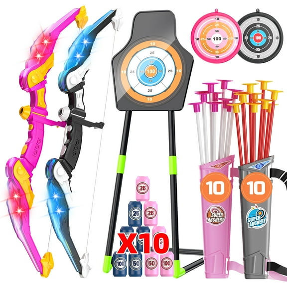 WonderStone 2-Pack Bow and Arrow for Kids, LED Light-Up Archery Set with 20 Suction Cup Arrows, Standing Target & Quiver, Outdoor Yard Games Toys for Ages 4-13
