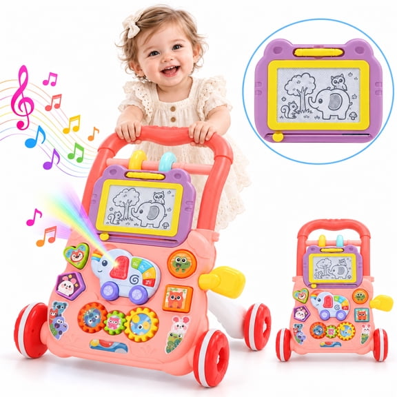 WonderStone 2-in-1 Baby Push Walker for Girls, Activity Center with Drawing Board, Early Educational Toy for Infants 12+ Months, Pink