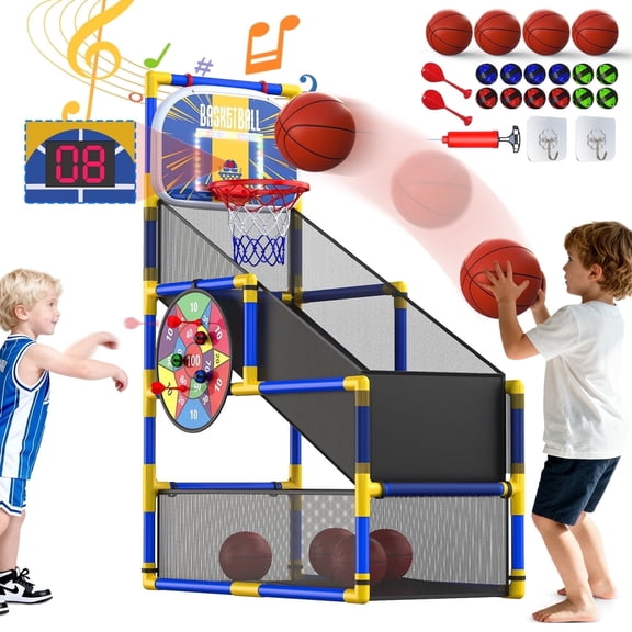 WonderStone 2-in-1 Arcade Basketball Game with Electronic Scoreboard, LED Lights & Music, Includes 4 Basketballs & 12 Sticky Balls, Indoor Outdoor Sports Toy Gift for Kids & Teens，Blue