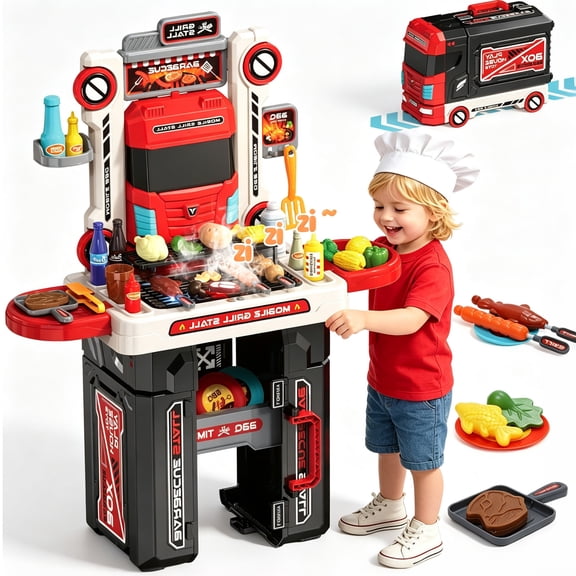 WonderStone 2-in-1 Kids Play Kitchen & BBQ Grill Food Cooking Toy Set with Lights & Sounds, Foldable Playset Converts into Storage Truck, Pretend Toy Gift for 3-6 Year Old Boys & Girls