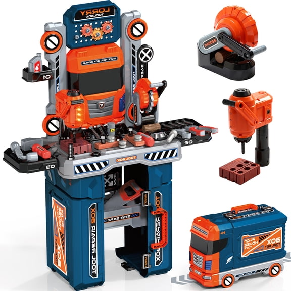 WonderStone 2-in-1 Kids Tool Bench with Realistic Electric Drill,Construction Workbench with Lights & Sounds,Converts into a Storage Truck,Mechanic Pretend Play Set Gift for 2-6 Year Old Boys & Girls