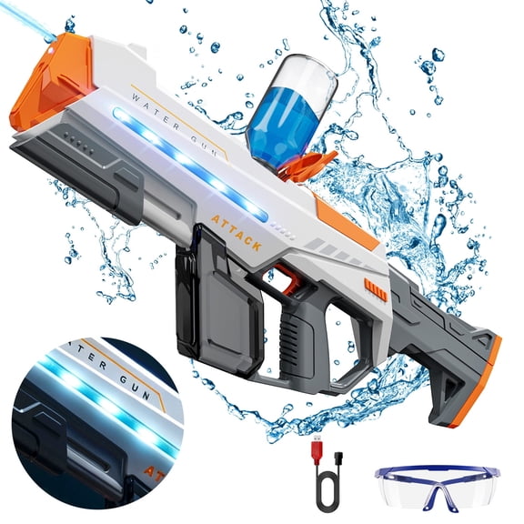 WonderStone 2-in-1 Large Electric Water Blaster, Automatic Light-Up Waterproof Design,25–32 ft Spray Range, Powerful Squirt Machine for Kids& Adults Ages 8+, Perfect for Pool & Beach Games, White