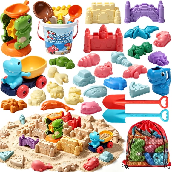 WonderStone 33 PCS Dinasour Beach Toy Set, Beach Vacation Essentials with Sand Castle Building Kit/Mesh Bag/Beach Trucks/Bucket, Travel Summer Sand Toys for Kids Toddlers 3-10