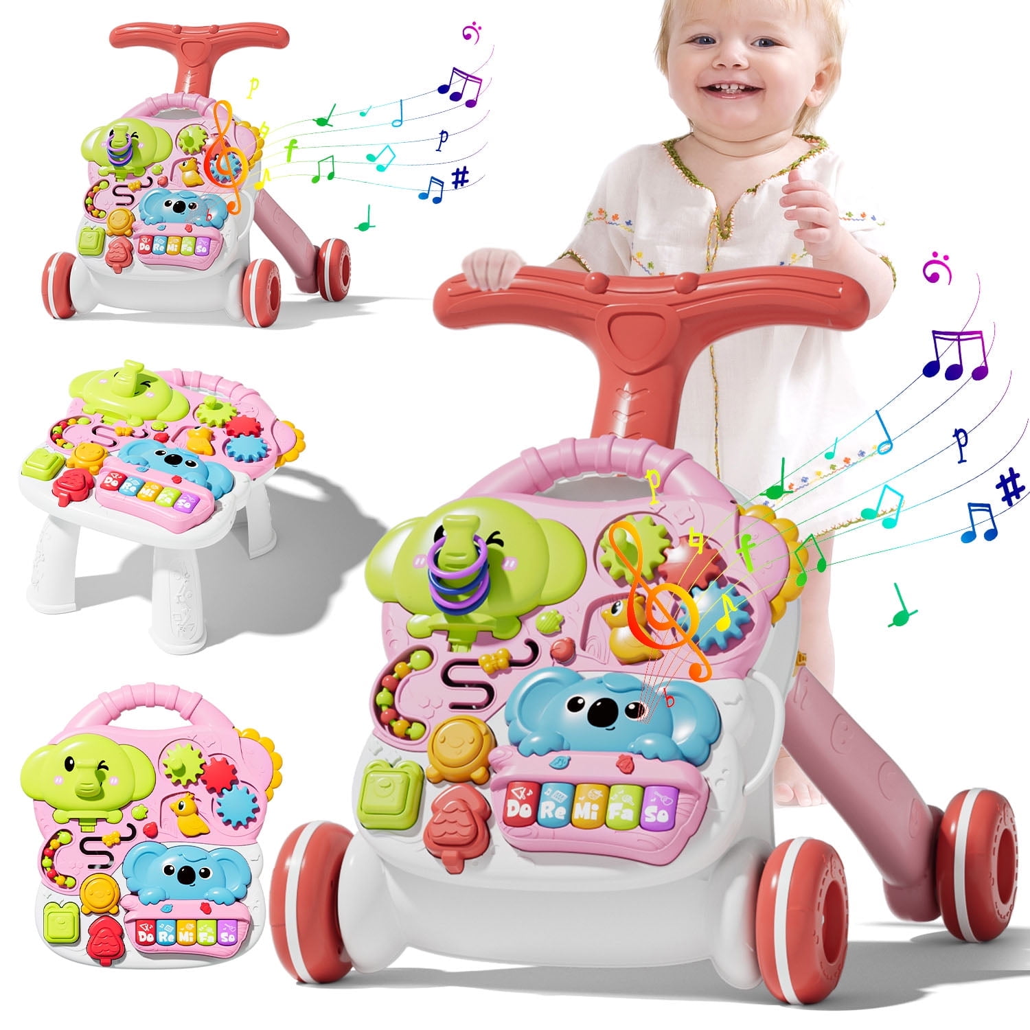 WonderStone 3 in 1 Baby Walker Sit and Stand Push Learning Toys Speed Height Adjustable Musical Activity Center for 12 Month and Up Pink