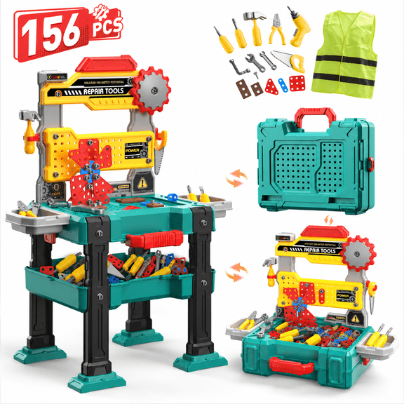 WonderStone 3-in-1 Kids Tool Bench with Electric Toy Drill, 155 PCS Construction Tool Box & Workbench, Mechanic Pretend Play Set with Worker Costume, Gift for Ages 3-7, Green