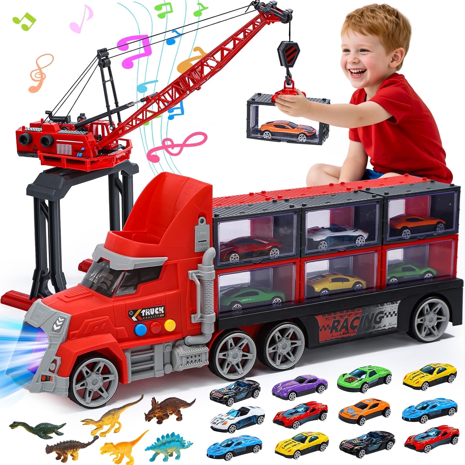 WonderStone 3-in-1 Large Fire Truck Toy with Lights & Sounds, 12 Containers and 12 Die-Cast Cars, 6 Dinosaur Toys, Crane Truck Toy for Boys Toddlers Ages 3-5