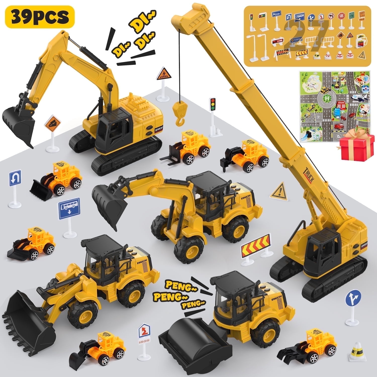 WonderStone Large 39PCS Construction Truck Toys with Sounds,5 Pack Vehicles (Tractor, Excavator, Crane, Bulldozer) with 6 Mini Construction Cars,Truck Playset with Play Mat, Party Favors for Boys 3-5