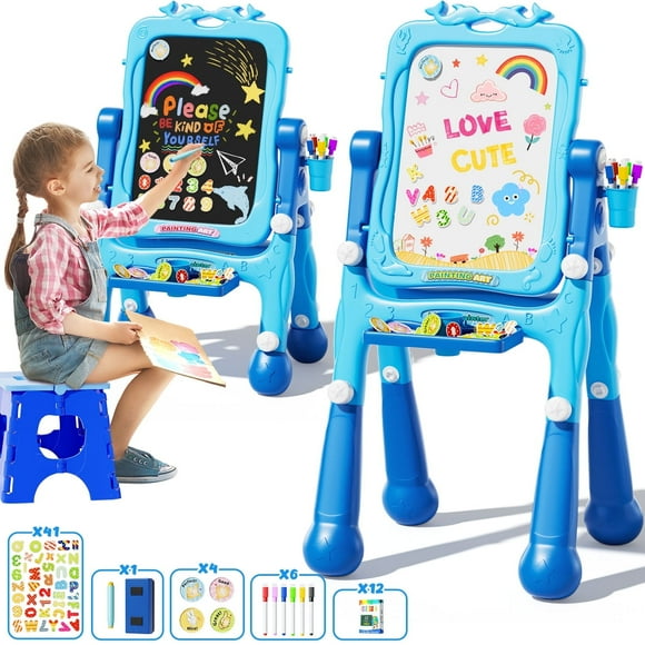 WonderStone 4-in-1 Art Easel for Kids, Double-Sided Rotatable Large Magnetic Chalkboard with Painting Accessories, Toddler Activity Table for Toddlers, Blue