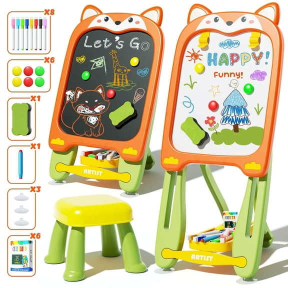 WonderStone 4-in-1 Easel for Kids, Adjustable Easel Toy with Chair for Ages 2-4, Flippable Sided Magnetic Drawing Board with Storage, Gift for Toddlers