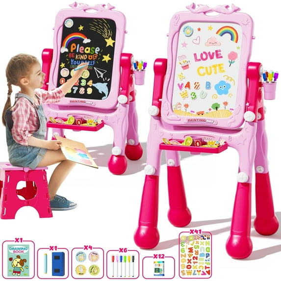 WonderStone 4-in-1 Kids Art Easel with Chair, Double-Sided Rotatable Large Magnetic Chalkboard with Painting Accessories, Toddler Activity Table for Girls, Pink