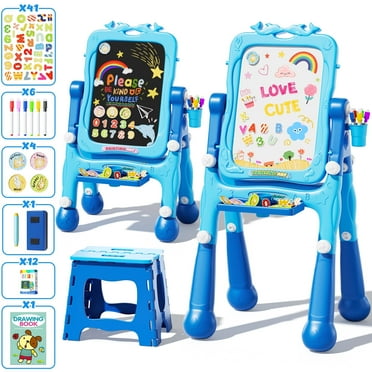 WonderStone 4-in-1 Kids Art Easel with Chair, Double-Sided Rotatable Large Magnetic Chalkboard with Painting Accessories, Toddler Activity Table for Toddlers, Blue