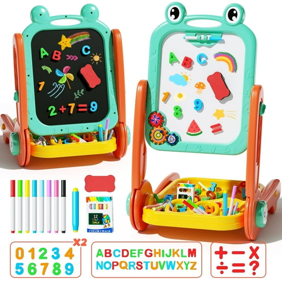 WonderStone 4-in-1 Portable & Adjustable Easel Stand Toy for Ages 2-4 Magnetic Drawing Board with Gear Drive and Storage, Birthday Gift for Girls Boys, Green
