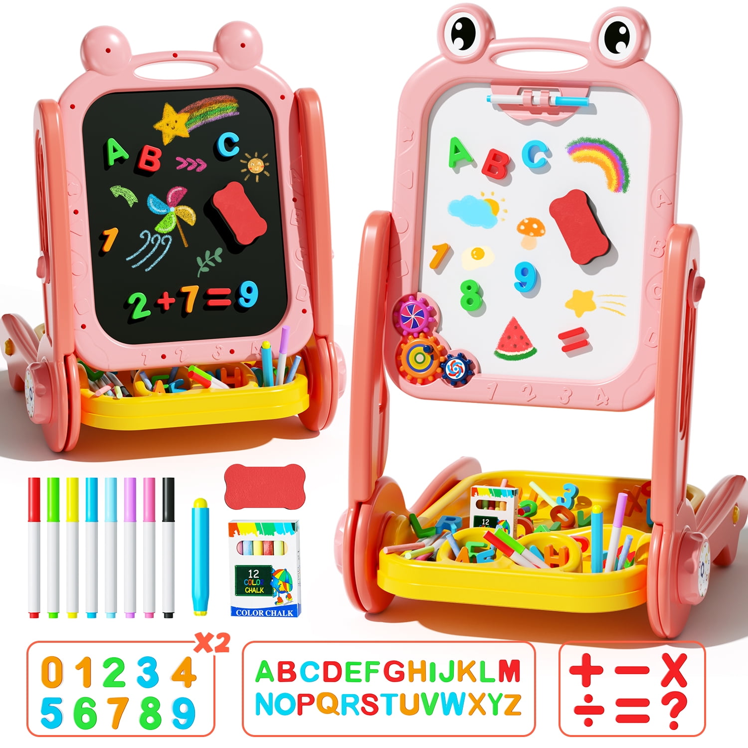 WonderStone 4-in-1 Portable & Adjustable Easel Stand Toy for Ages 2-4 Magnetic Drawing Board with Gear Drive and Storage, Birthday Gift for Girls Boys, Pink