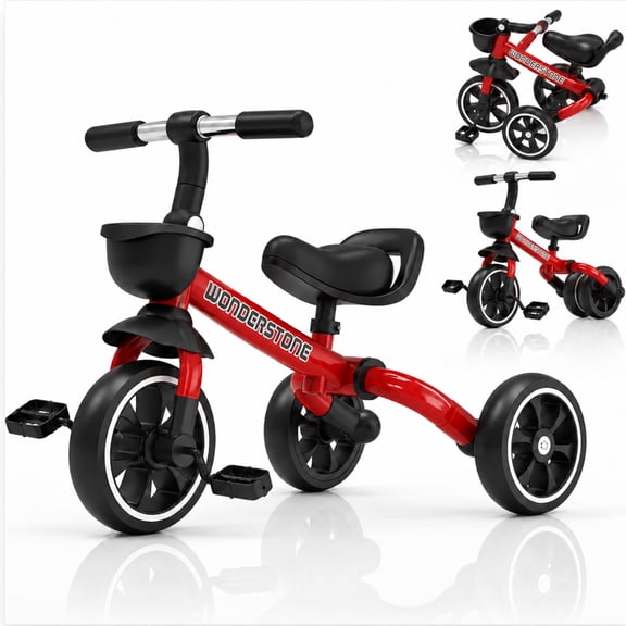 WonderStone 4-in-1 Toddler Balance Bike, Foldable Tricycle with Removable Pedals & Front Basket, Indoor & Outdoor Training Bike, Perfect Gift for 1–3 Year Old Boys & Girls, Red