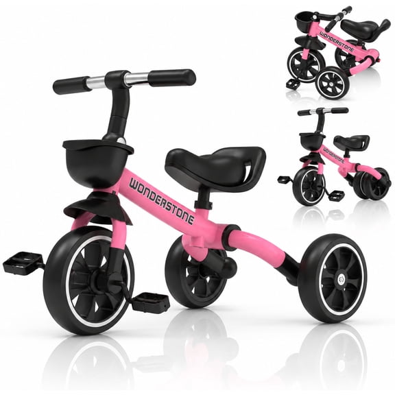 WonderStone 4-in-1 Toddler Balance Bike, Foldable Tricycle with Removable Pedals & Front Basket, Indoor & Outdoor Training Bike, Perfect Gift for 1–3 Year Old Boys & Girls, Pink