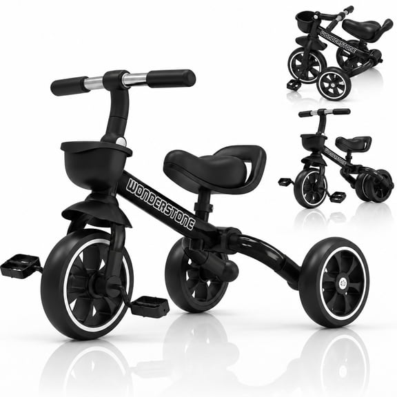 WonderStone 4-in-1 Toddler Balance Bike, Foldable Tricycle with Removable Pedals & Front Basket, Indoor & Outdoor Training Bike, Perfect Gift for 1–3 Year Old Boys & Girls, Black