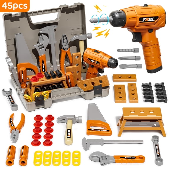 WonderStone 45 Pcs Kids Tool Set with Electric Toy Drill, Pretend Play Toys with Tool Box, Construction Toy Gift for Toddler Boys and Girls Ages 3–8