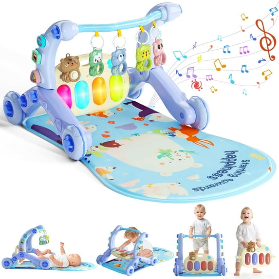 WonderStone 5-in-1 Baby Gym Play Mat & Learning Walker, Activity Center with Portable Light-up Piano Panel for Toddlers Ages 0-3, Blue