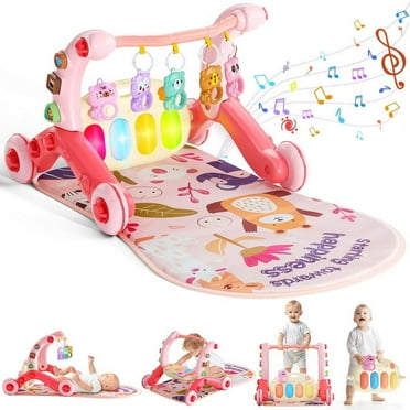 WonderStone 5-in-1 Baby Gym Play Mat & Learning Walker, Activity Center with Portable Light-up Piano Panel for Toddlers Ages 0-3, Pink