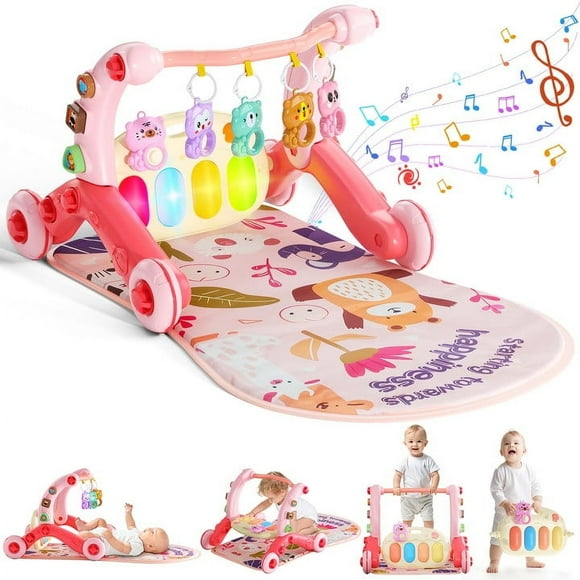 WonderStone 5-in-1 Baby Gym Play Mat & Learning Walker, Activity Center with Portable Light-up Piano Panel for Toddlers Ages 0-3, Pink