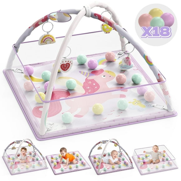 WonderStone 5-in-1 Baby Gym & Play Mat, Tummy Time Toys with Sensory Toys & 18 Balls for Newborns and Infants 0-12 Months, Purple