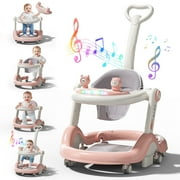 WonderStone 5 in 1 Baby Walker, Foldable Push Walker with Wheels, Music & Light, Baby Bouncer, Baby Activity Center for Boy Girl 6-12 Months (Pink)
