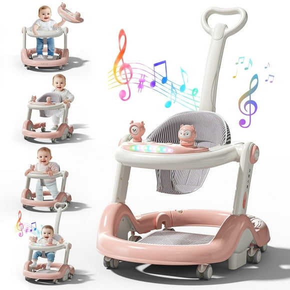 WonderStone 5 in 1 Baby Walker, Foldable Push Walker with Wheels, Music & Light, Baby Bouncer, Baby Activity Center for Boy Girl 6-12 Months (Pink)