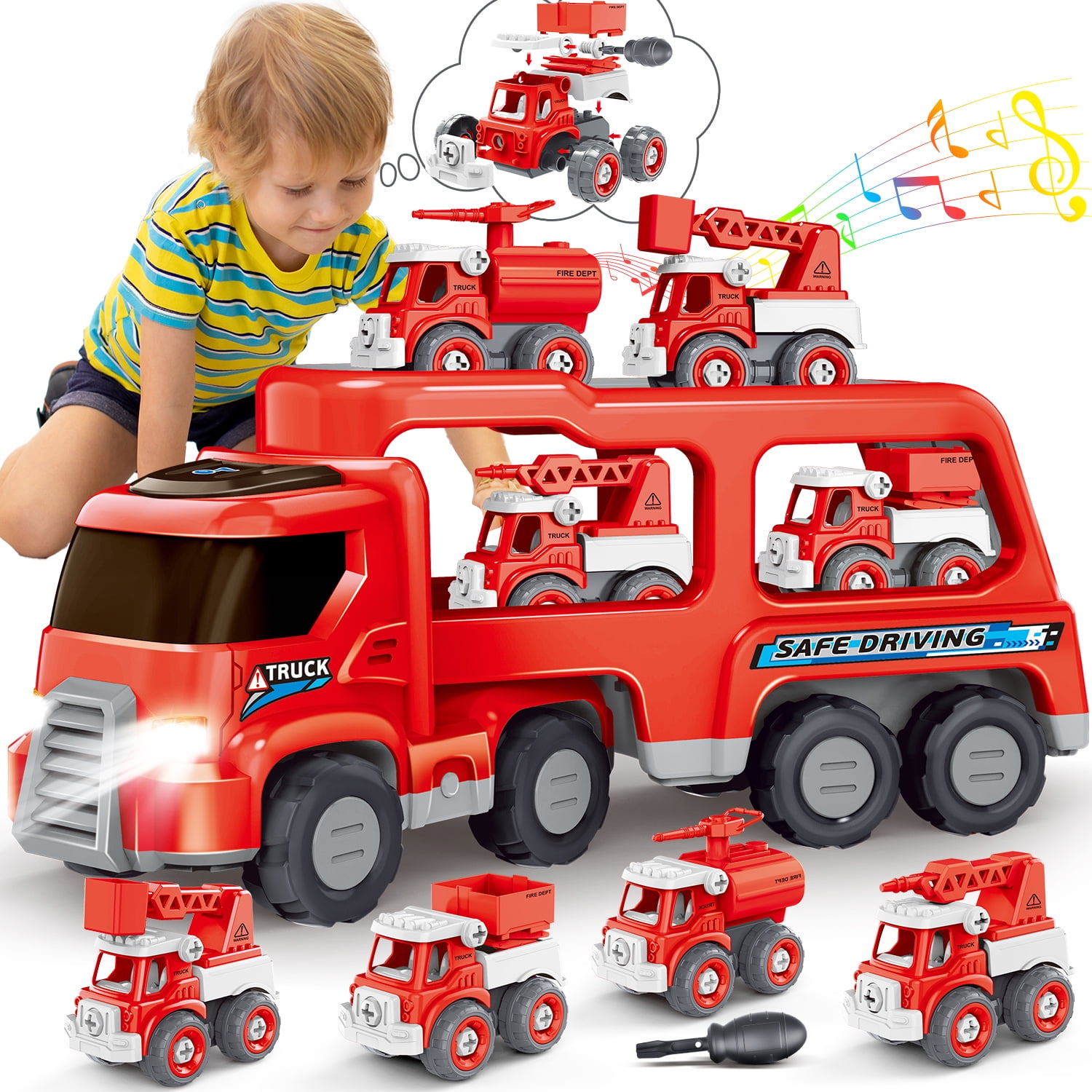 WonderStone 5-in-1 Fire Truck Toy with Light & Sound, Push Cars for Boys Kids 1-8 Birthday Gift