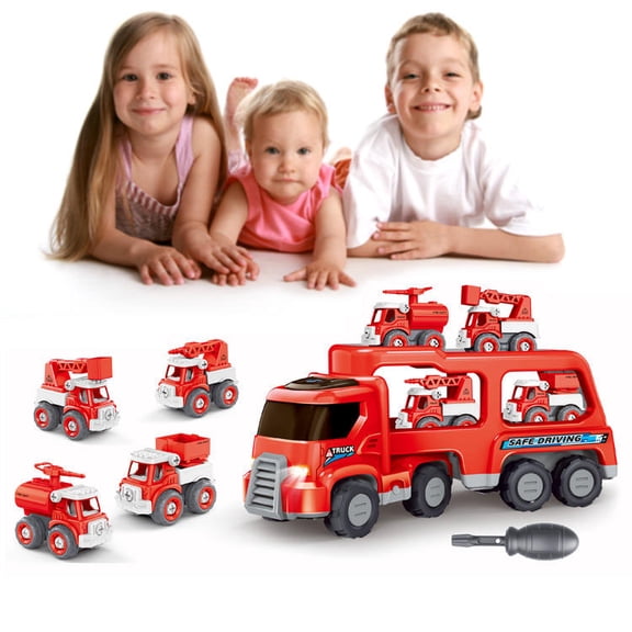 WonderStone 5-in-1 Fire Truck Toy with Light & Sound, Push Cars for Boys Kids 1-8 Birthday Gift
