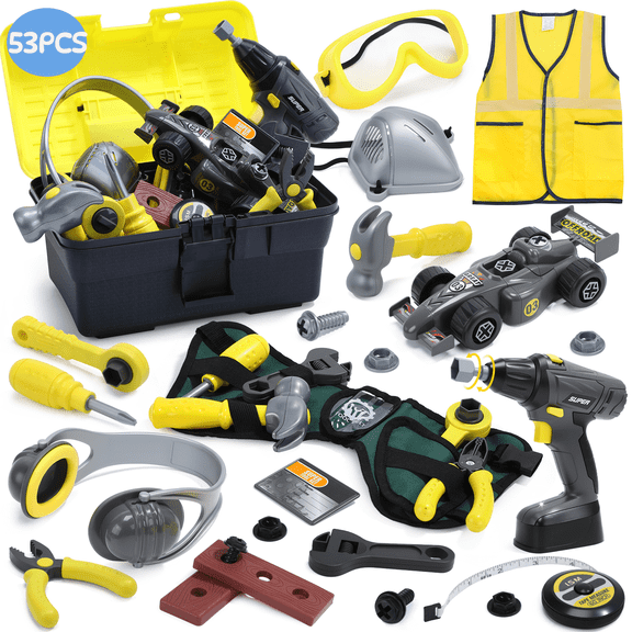 WonderStone 53 Pcs Kids Pretend Tool Sets, Toddler Tool Set with Toy Power Drill,Construction Tool Set for Kids